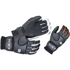 Acacia Impact Broomball Gloves in three color variations, showcasing durable construction and wrist strap design